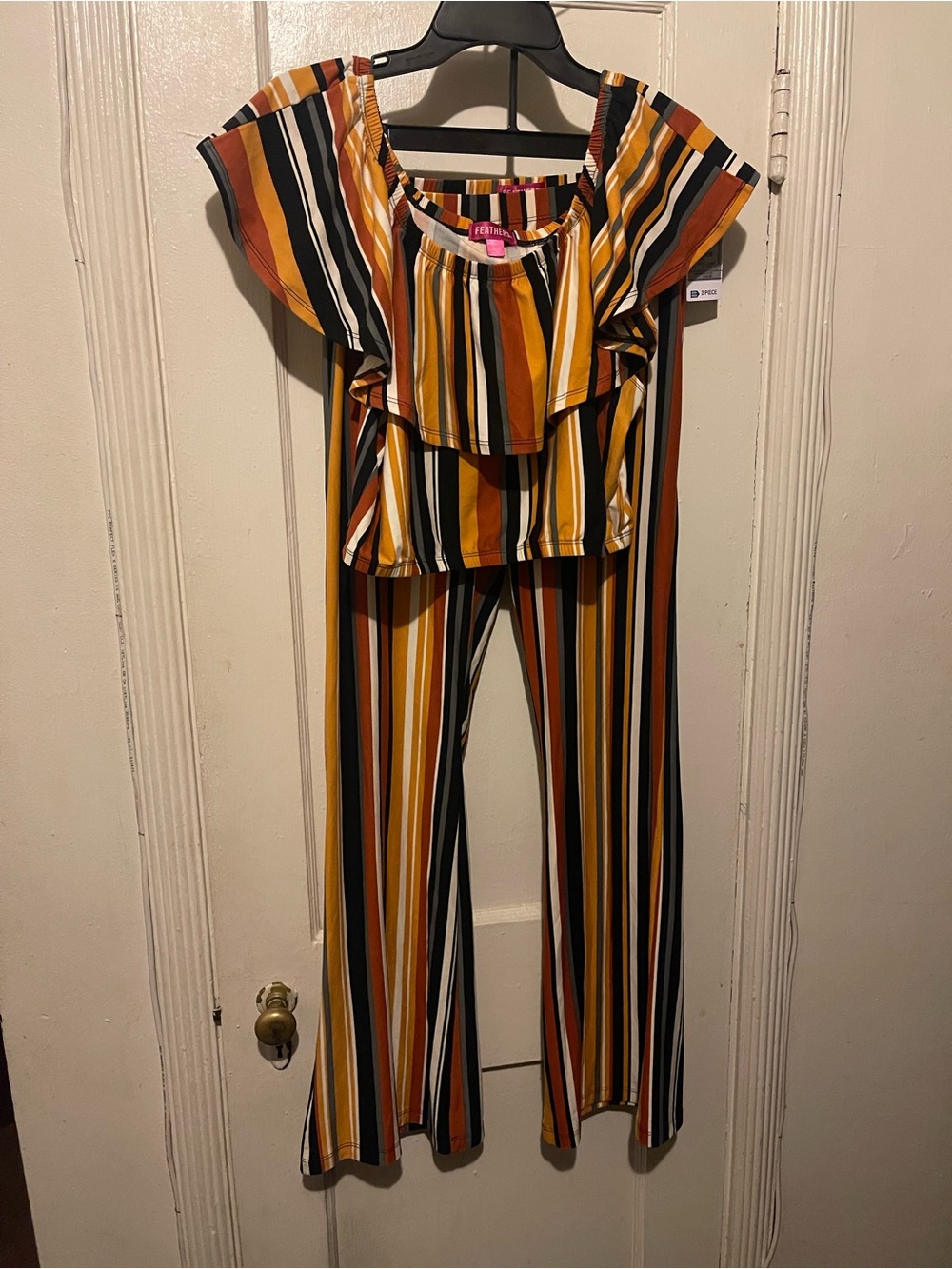 Striped Off-Shoulder 2 piece set  in Mustard, Black, White & Brown